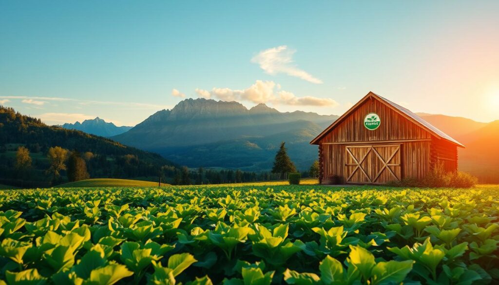 A lush, sun-dappled organic farm nestled in a verdant valley. In the foreground, a vibrant field of thriving crops, their leaves gently swaying in a warm breeze. The midground features a rustic wooden barn, its weathered facade exuding a sense of timeless charm. Towering mountains rise in the distance, their peaks kissed by wispy clouds. The lighting is soft and natural, casting a warm, golden glow over the entire scene. A small logo for &amp;amp;quot;Herbally Organic&amp;amp;quot; adorns the barn, signifying the premium quality of the produce grown here. This idyllic setting conveys the health benefits of choosing organic supplements, nourishing the body and soul.