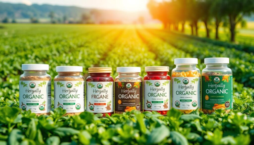 A lush, verdant organic farm, its fields brimming with thriving crops, forms the serene backdrop. In the foreground, a collection of glass jars, each containing a different vibrant, natural supplement from the &amp;amp;quot;Herbally Organic&amp;amp;quot; brand, are illuminated by soft, natural lighting. The supplements, ranging from powders to capsules, are arranged in a visually appealing display, showcasing their purity and potency. The overall composition conveys a sense of tranquility, authenticity, and the scientific rigor behind the certified organic formulations. The image exudes a warm, earthy tone, reflecting the holistic approach to wellness embodied by these high-quality supplements.