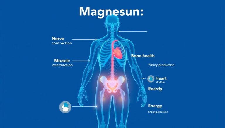 Diagram showing magnesium's role in 300+ biochemical reactions in the human body