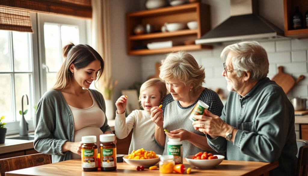 Family of different ages taking organic nutritional supplements together