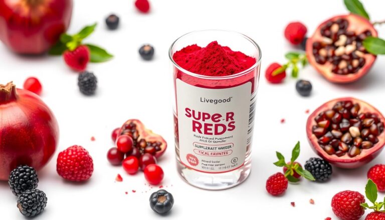 Livegood's Super Reds powder in a glass with water and fresh berries