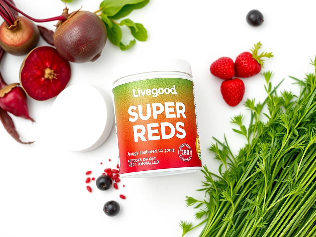 Livegood's Super Reds product container with ingredients displayed