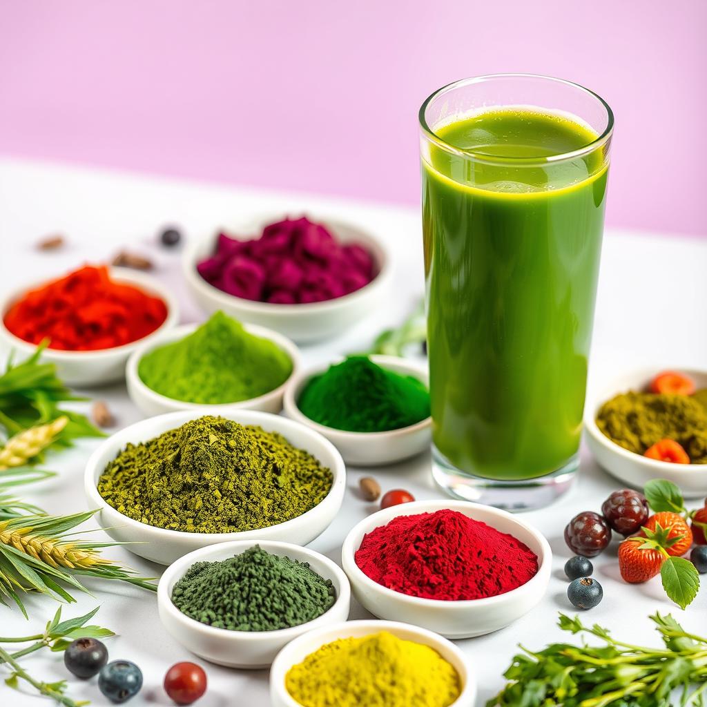 Organic greens and superfood supplements in powder form