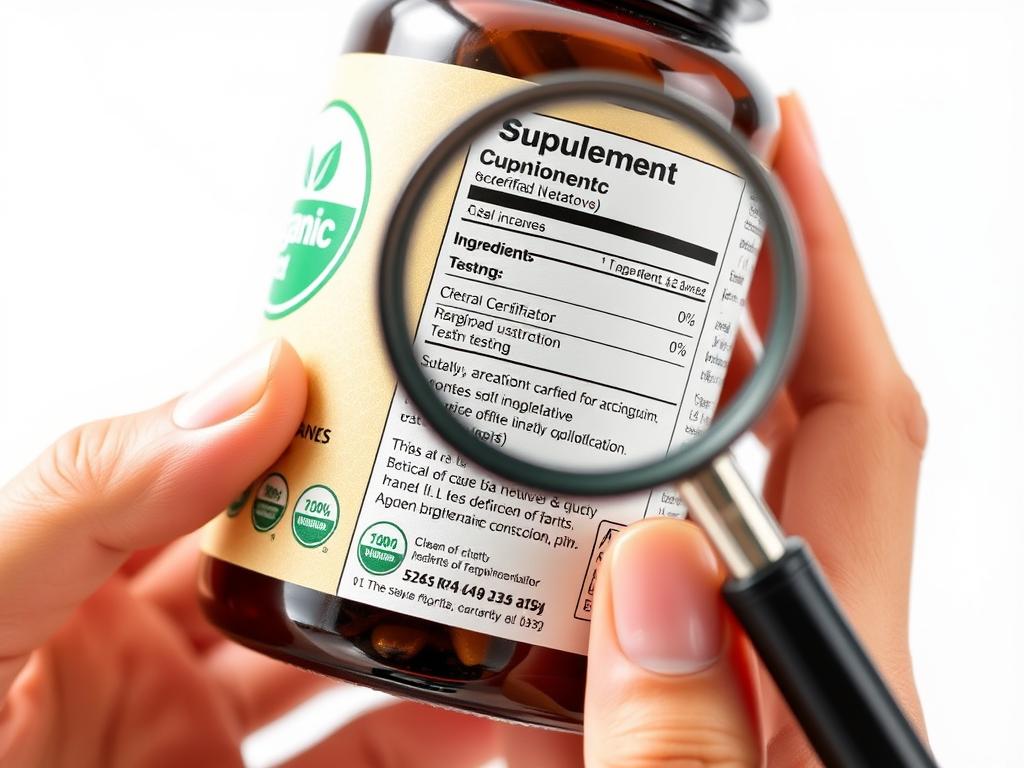 Person examining organic nutritional supplement label and certification