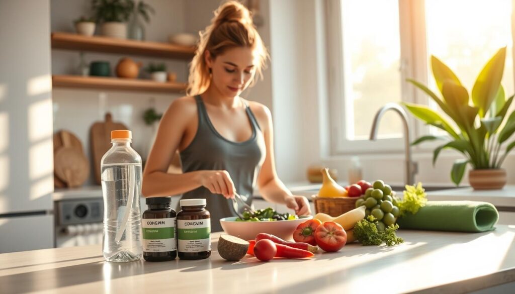 Person incorporating organic nutritional supplements into a holistic wellness routine