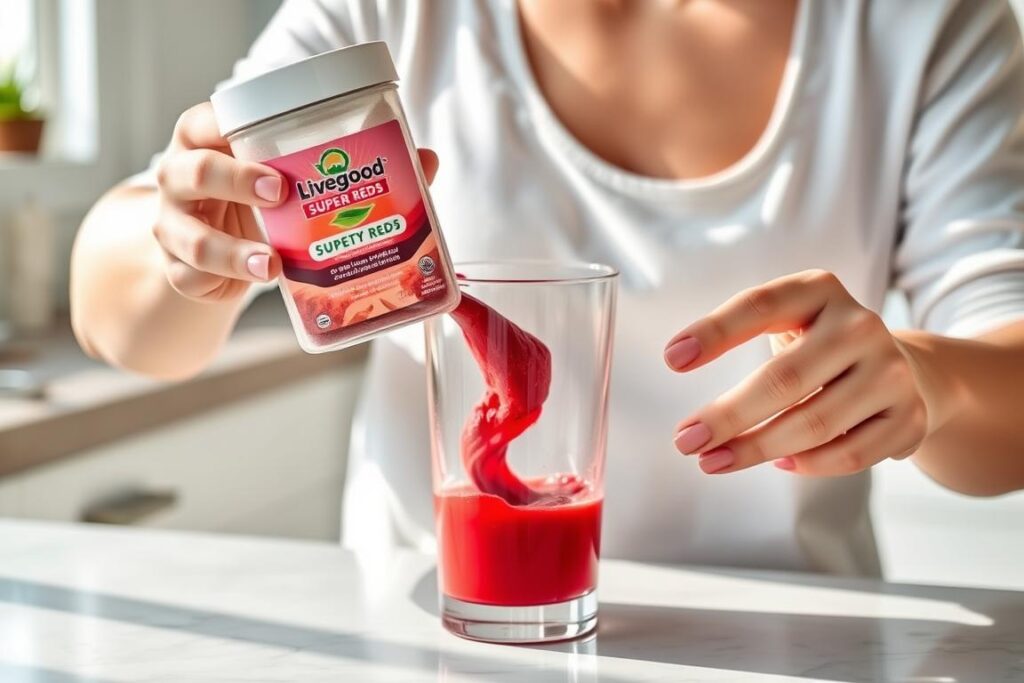 Person mixing Livegood's Super Reds into a smoothie