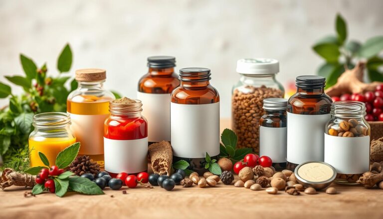 Various organic nutritional supplements in glass containers with natural ingredients surrounding them